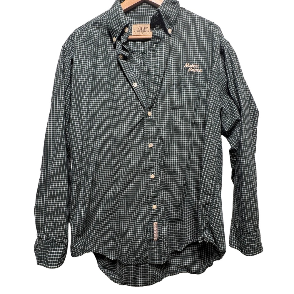 VTG Vesi Sportswear Notre Dame Mens Medium Green Check Cotton Button Down LS - Picture 1 of 10